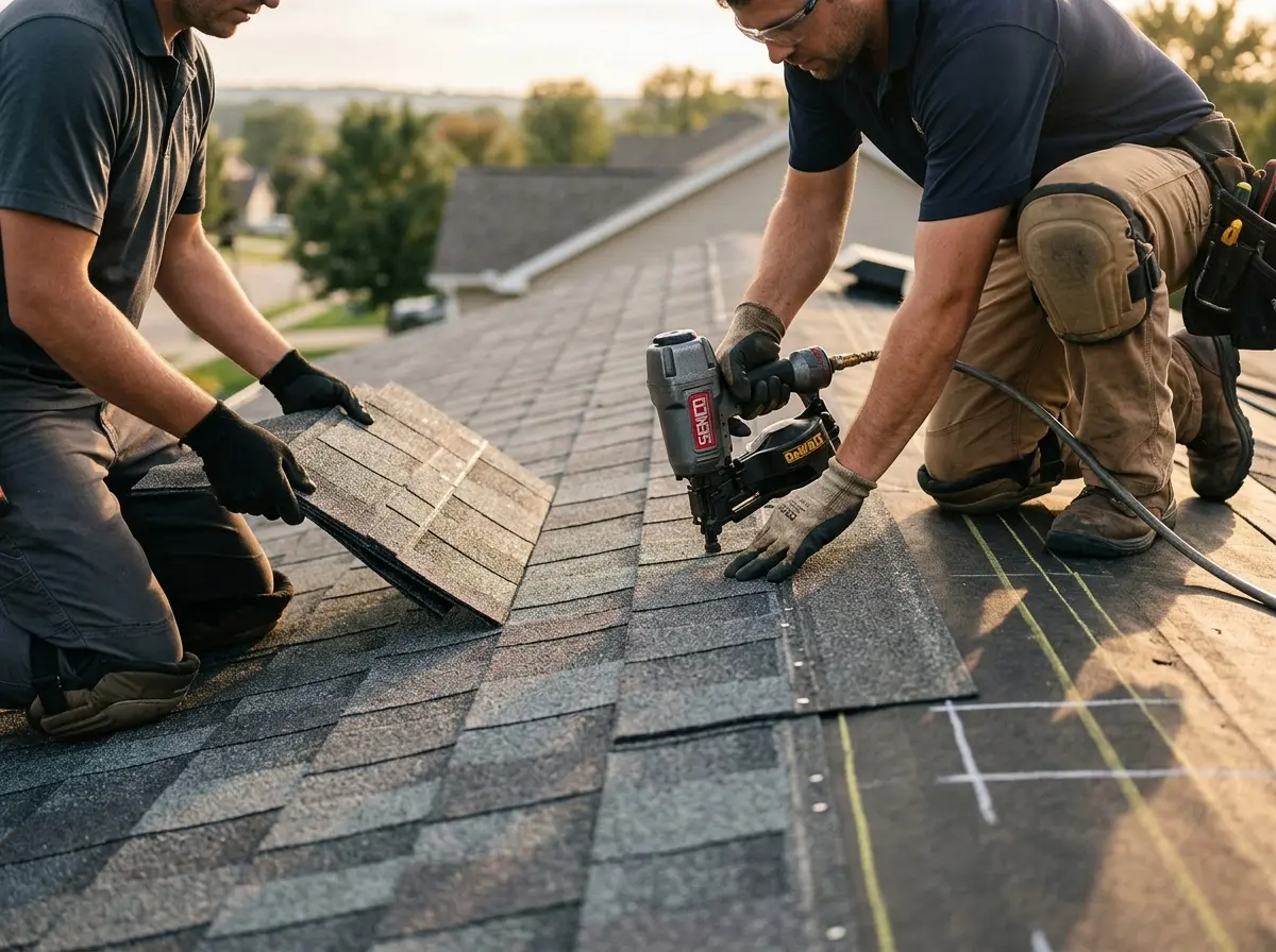 Professional roofer working on a residential roof in Tuskegee